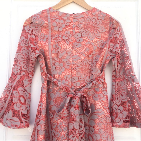 NEW Orange/Gray Floral Lace Bell Sleeve Dress - Picture 7 of 7